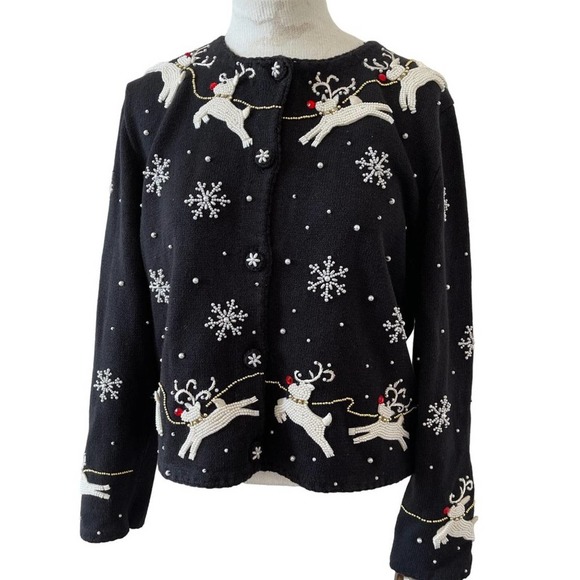 Michael Simon Cardigan Christmas Sweater Art Santa Claus Beaded Reindeer Large - Picture 5 of 16